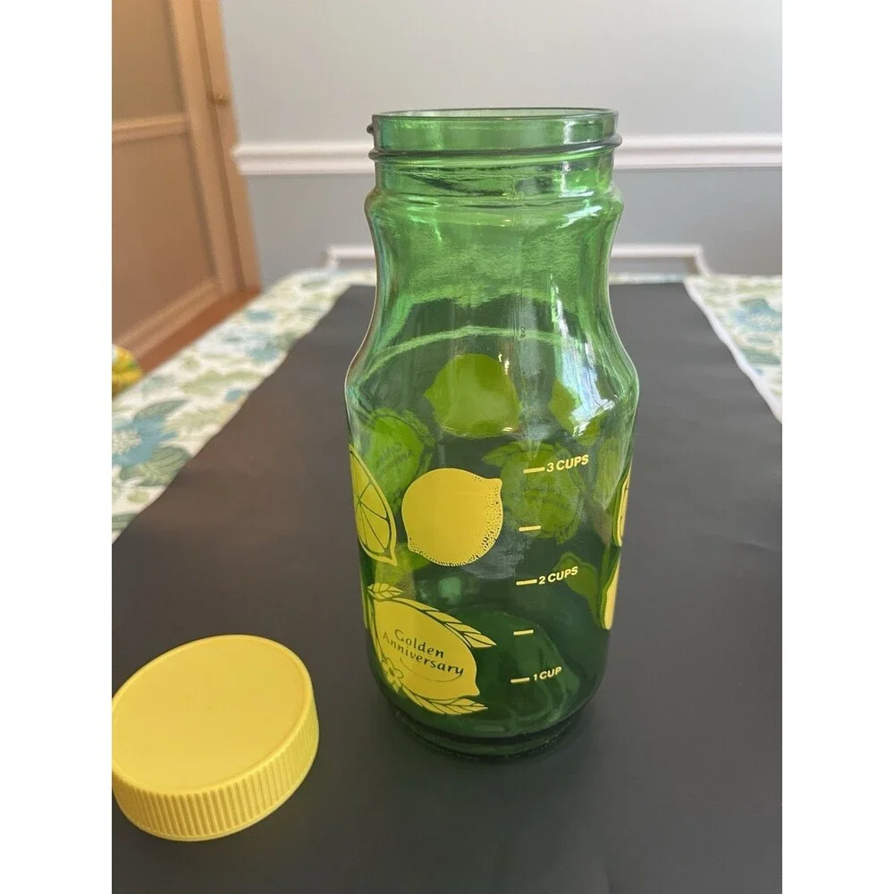 Vintage Anchor Hocking Green Yellow Lemonade Lemon Juice Jar Pitcher Measuring